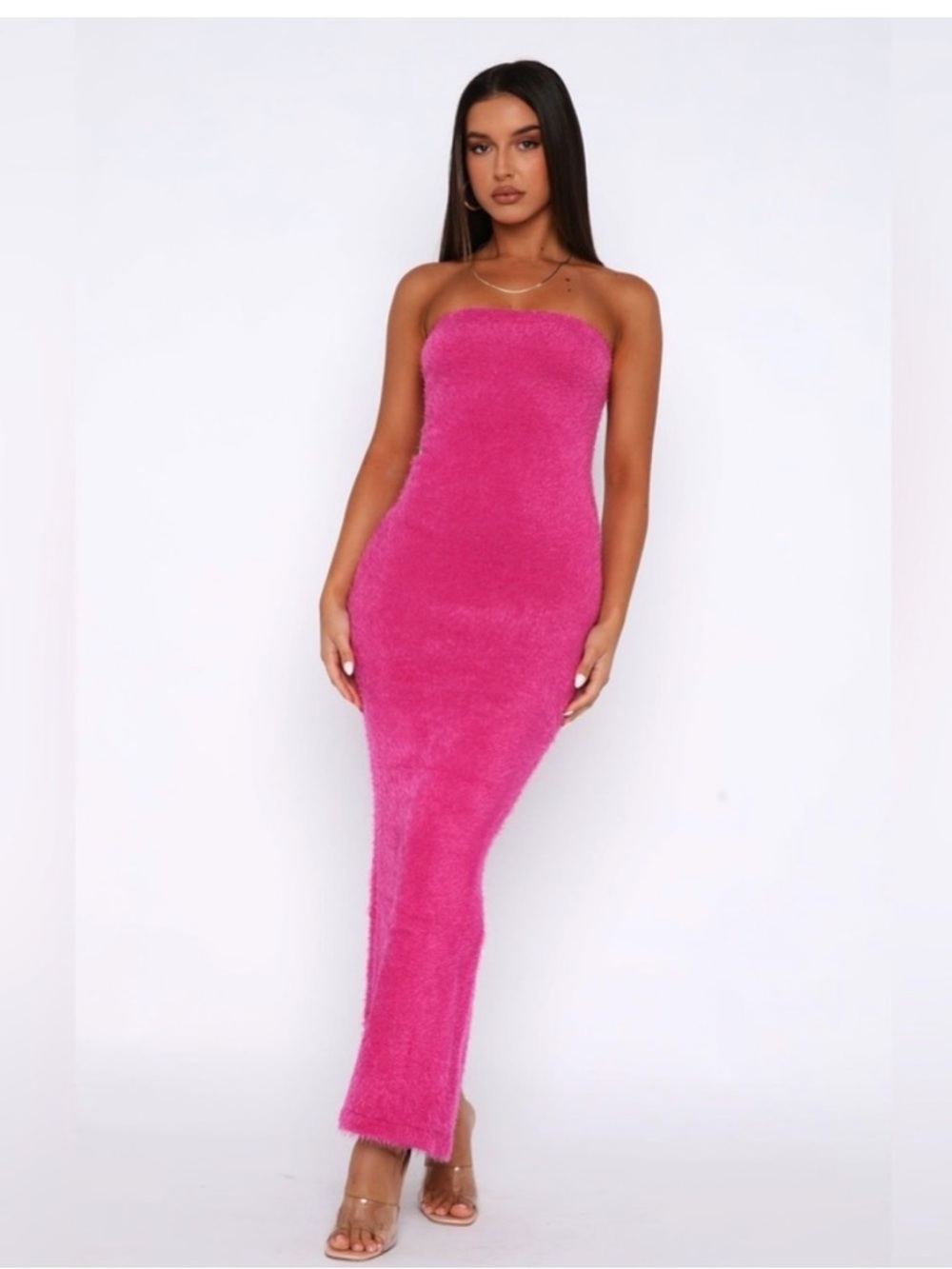 White Fox Boutique Strapless Fuzzy Maxi Dress in Hot Pink XS